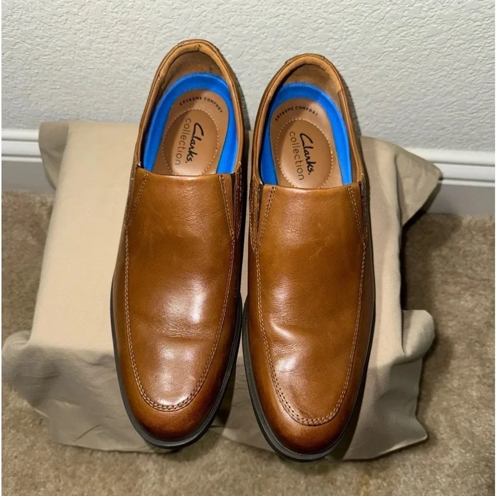 CLARKS Men’s Whiddon Step Dark Tan Leather Slip-on Loafer 9.5M